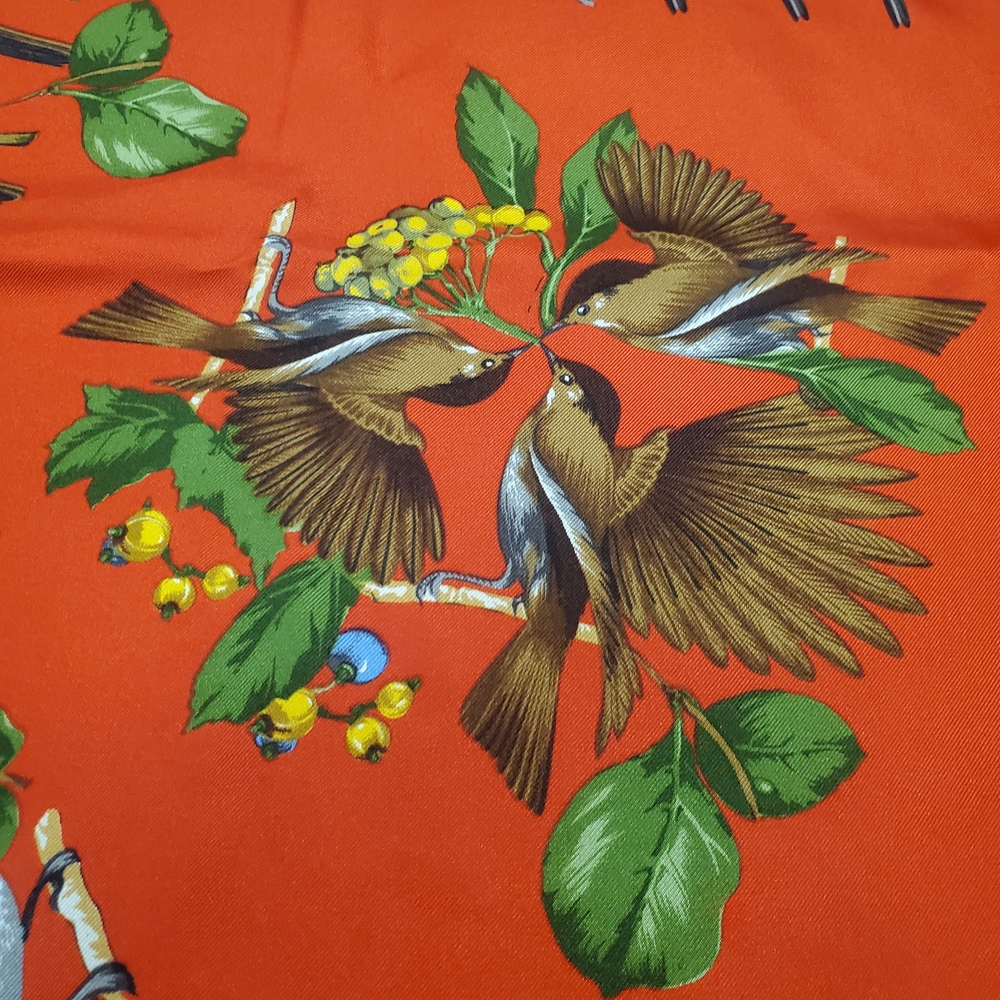 100% Silk Bird Print Scarf. 34" x 34". Orangish Red w/ Multicolor Birds - Picture 8 of 13